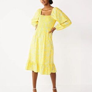 DRAPER JAMES Smocked Yellow Floral Linen blend Midi Dress Womens Size Large NWT